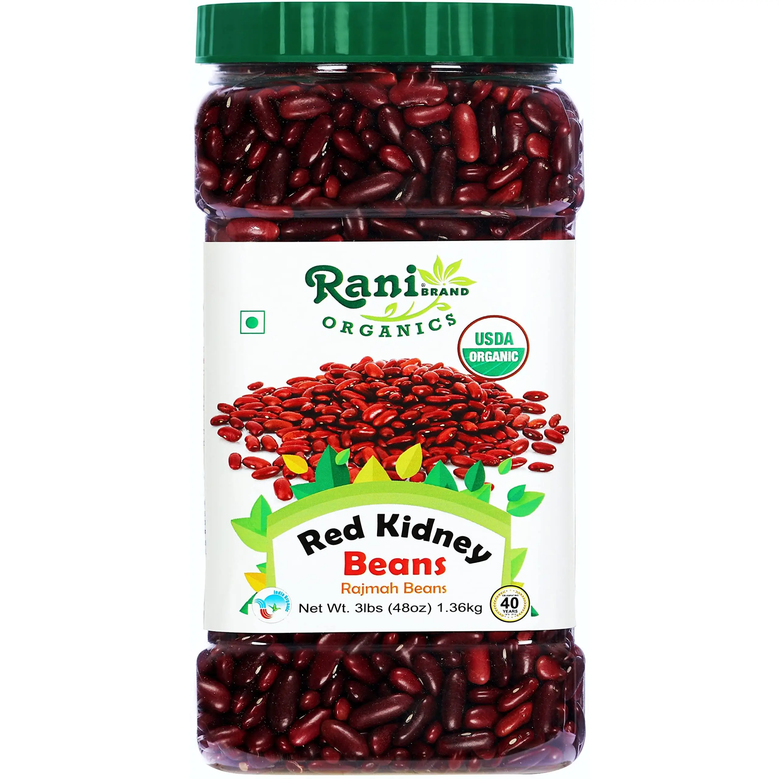 Rani Organic Red Kidney Beans (Rajmah Beans) Light 48oz (3lbs) 1.36kg Bulk PET Jar ~ All Natural | Vegan | Gluten Friendly | NON-GMO | Indian Origin