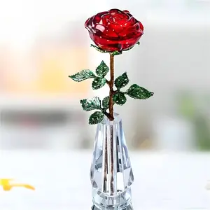 Glass Crystal Rose Flower with Vase, Artificial Rose Flower, Home Decor Ornament, Rose Design, Table Decor, Gift for Women, Mother's Day, Wedding, Anniversary, Birthday, Artificial Flowers, Artificial Flower Decorations
