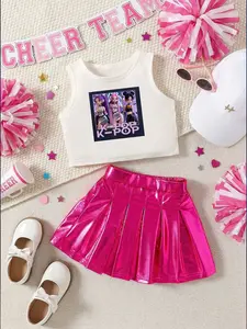 Girls' Summer Casual Dance Team Set, Print Crop Top & Pleated Skirt, Sleeveless V-Neck Design, Multiple Colors Available, Fine Girls Outfit