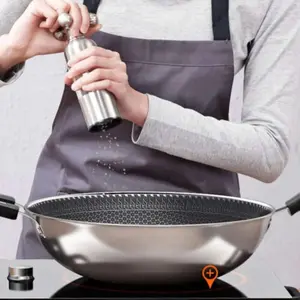 Bymaocar 34cm Cooking Wok Stainless Steel Kitchen Frying Pan with Non-stick Coated & Glass  Lid for Gas Stove & Induction Cooker