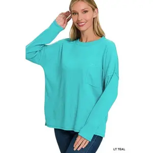 TEAL RIBBED BRUSHED MELANG HACCI SWEATER WITH POCKET