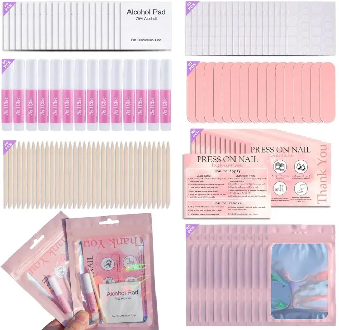 Disposable Nail Supplies Kits,Professional Manicure Press On Nail Tool Kit with Nail File,Adhesive Tabs,Nail Glue,Sticks, Prep Pads,Bags,Cards for Nail Business (140pcs20set-pink)