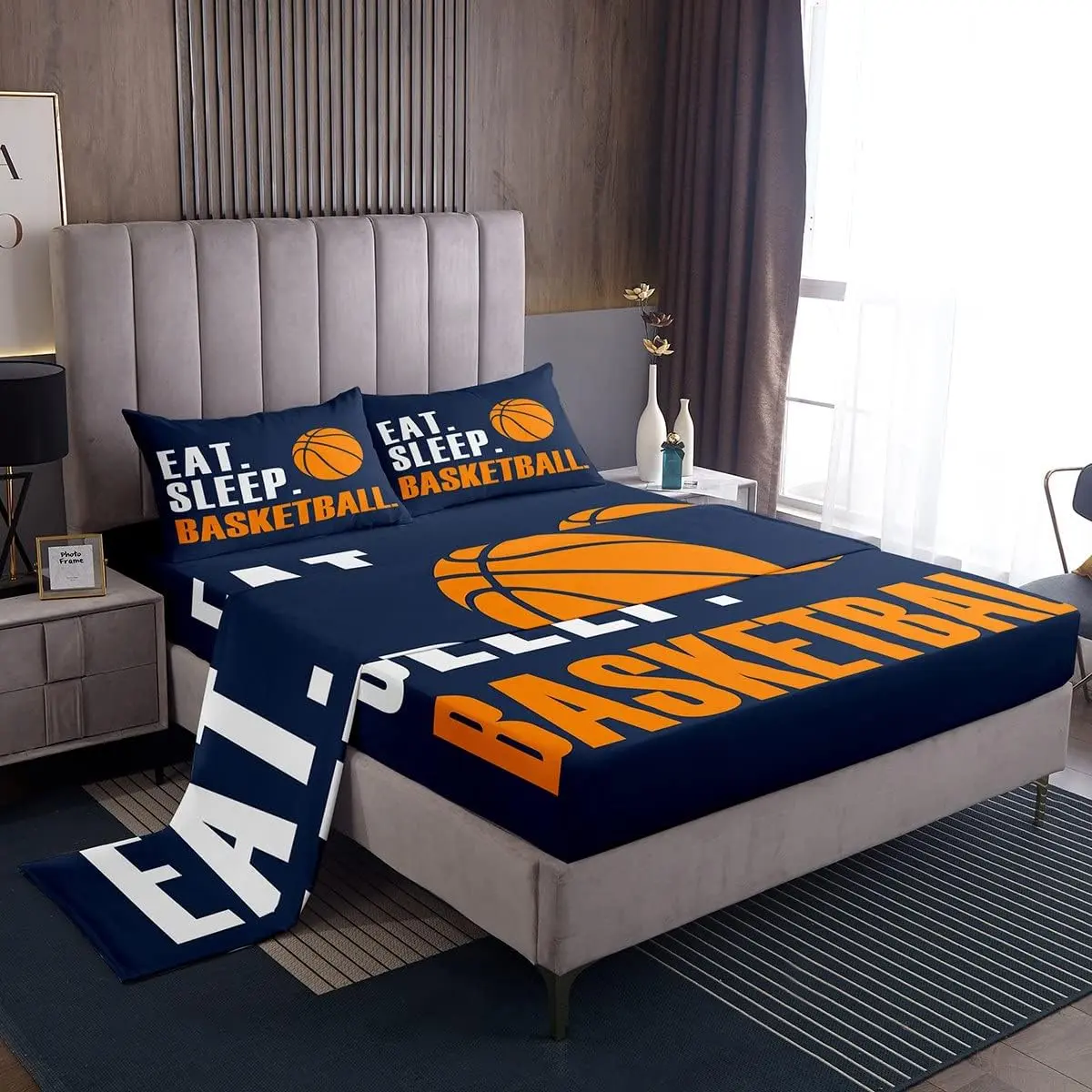 Feelyou 3D Basketball Decorative Bedding Set - Blue Eat Sleep Basketball Soft Bed Sheets with Deep Pockets, Breathable Fabric, Quick-Tumble-Dry, Durable Sports Ball Games Room Furnishings