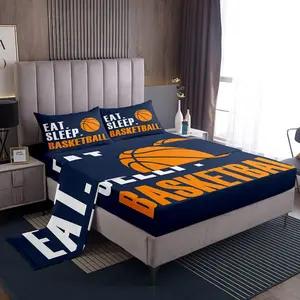 Basketball Luxury Bedding Set,3D Ball Sports Sheet Set,Blue Eat Sleep Basketball Bed Sheets Set,Ball Games Room Decor Deep Pocket Fitted Sheet