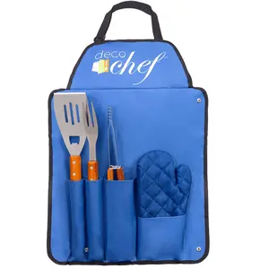 Deco Gear 5 Piece BBQ Tool Set with Custom Blue Apron, Spatula, Tongs, Fork and Oven Mitt