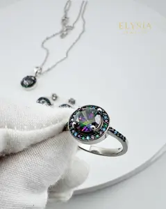 Mystic CZ Sterling Silver Jewelry Set — Ring, Earrings & Necklace (925, Platinum-Rhodium Plated)