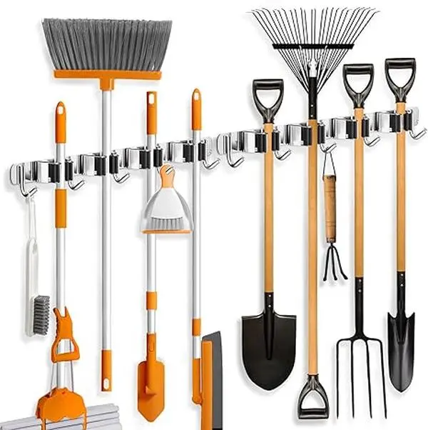 Stainless Steel Wall Mount Broom Holder (1 Pack) - Adjustable 5 Racks, 4 Hooks, Self-Adhesive Tape, Polished Metal, Heavy Duty 5 - 10 Kg Home Storage Hook for 0.7-1.3 in Items, Garage, Bathroom Organization