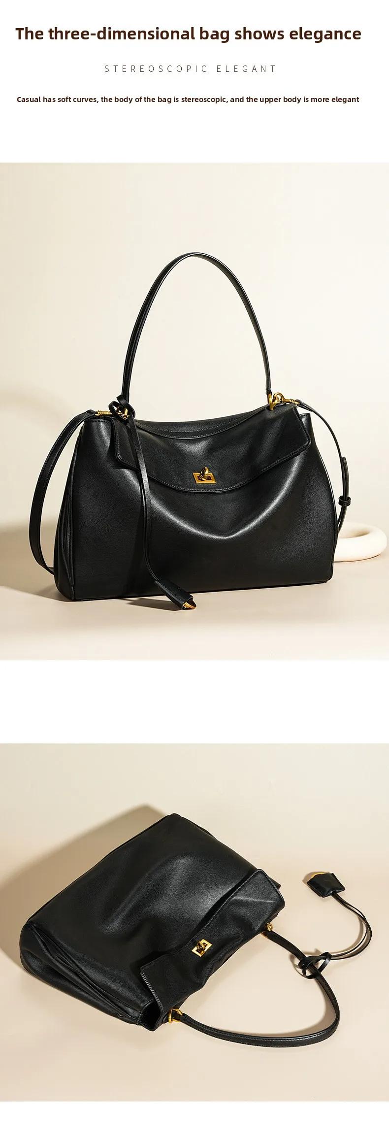 Minimalist Black Leather Work Tote Bag for Women Large Capacity Shoulder Bag with Gold Hardware