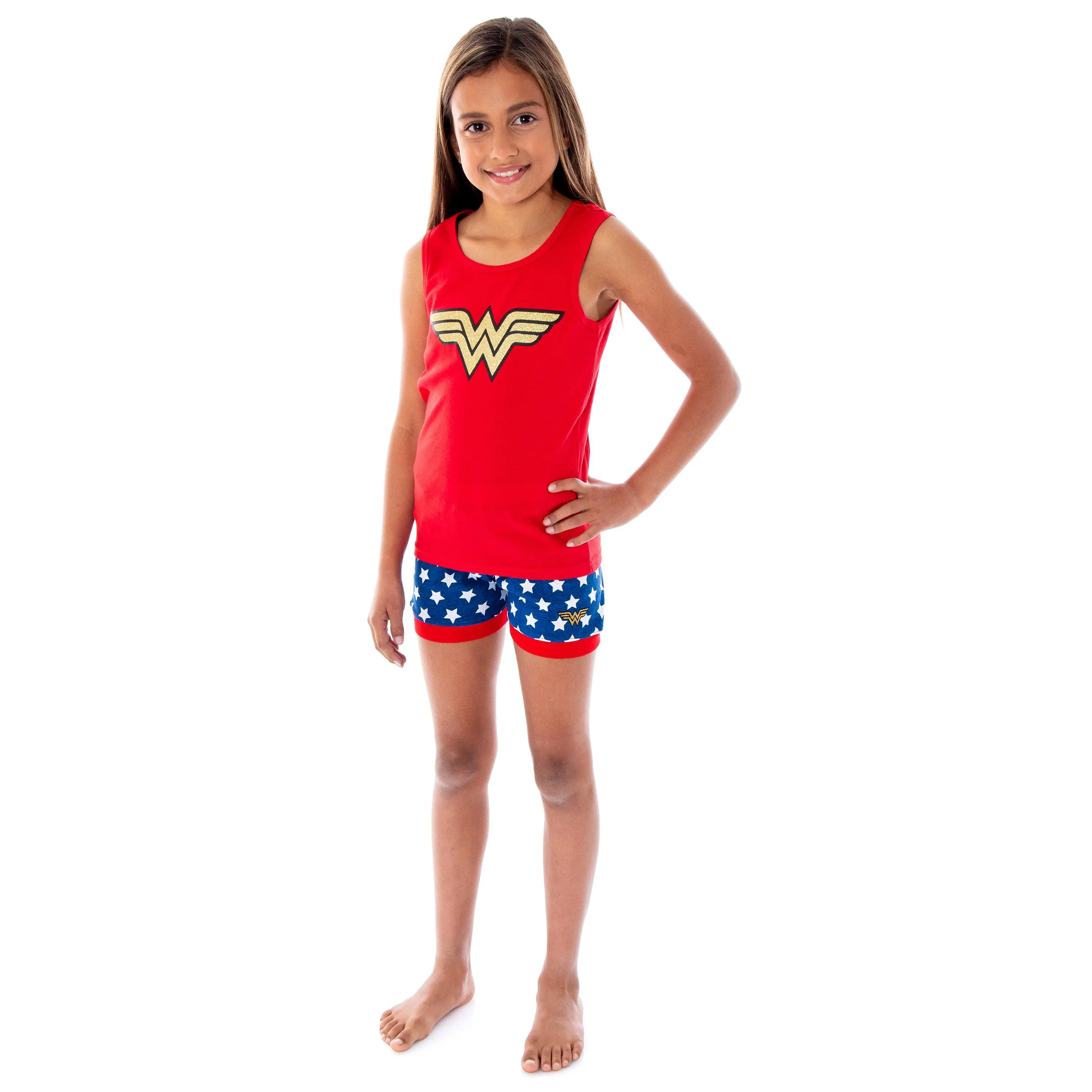 DC Comics Girls Wonder Woman Pajamas WW Logo Tank Top And Shorts 2 Piece Superhero Pajama Set For Girls