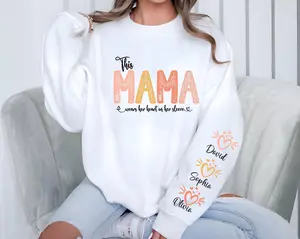 Personalized This Mama Wears Her Heart On Her Sleeve Sweatshirt, Personalized Mom With Kids Names Apparel, Motherhood Hoodie, Mother's Day Gifts