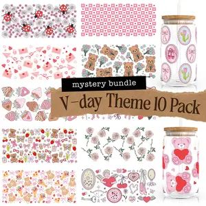 V-day Theme Double Sided UV DTF Cup Wrap for 16oz Cups Mystery Pack 10 Unique Decals Romantic Roses Hearts Cupid Arrows Ready to Apply Stylish Uniform Appearance