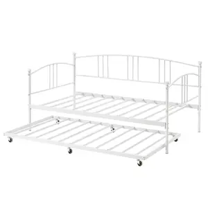Daybed with Trundle  Trundle Bed Twin with Arched Headboard  Sturdy Metal Day Bed with Steel Slat Support  SofaBed for Bedroom Living Room  and Guest Room  White