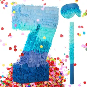 Number 1 2 3 4 5 6 7 8 9 Piñata with Stick Blindfold Confetti, Gradient Blue Piñata for Kids Boys Girls Birthday Party Anniversary Decorations Supplies(Number 7)