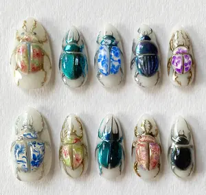B3D Scarab Beetle Press On Nails, Handmade False Nails with Vintage Floral, Unique Gothic Cosplay Nail Set, Statement Gothic Nail Art