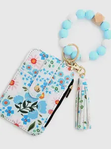 Blue Floral Beaded Keychain Wallet