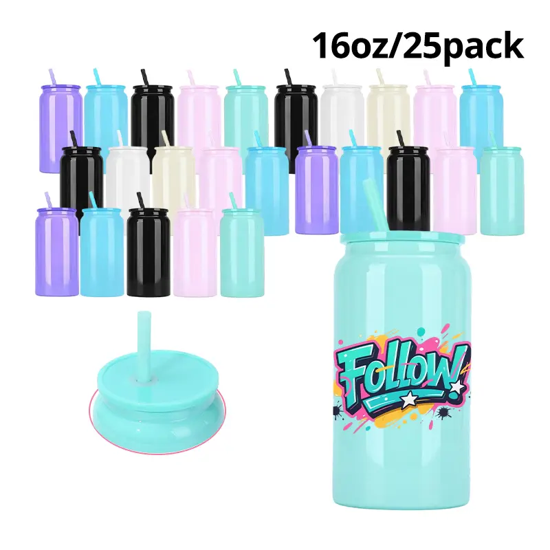 25pcs 16oz Glossy Sublimation Stainless Can Shaped Tumbler- Colored PP Lid, Anti-Scalding, Heat Resistant, Leak-Proof, Portable water bottle forSchool