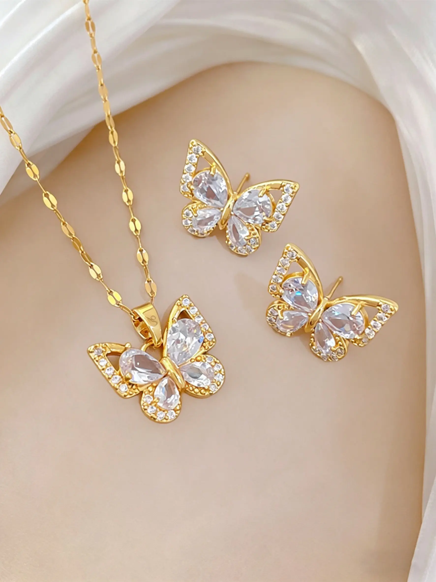 Elegant Zircon Butterfly Earrings Set, Fashion Jewelry for Women, Daily Wear, Versatile Holiday Gift, 3 Piece Floral Design, All Seasons Wear, Butterflies Set, Glamour Set, Fashionable Jewelry Set
