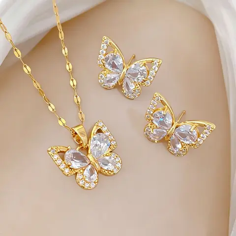 Elegant Zircon Butterfly Earrings Set, Fashion Jewelry for Women, Daily Wear, Versatile Holiday Gift, 3 Piece Floral Design, All Seasons Wear, Butterflies Set, Glamour Set, Fashionable Jewelry Set