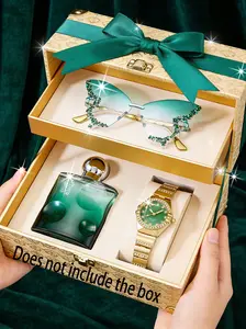 Elegant 3pcs Set of Synthetic Emerald Watch with Diamonds, Matching Fragrance and Sunglasses, Perfect Gift for Her on Valentine's Day and More