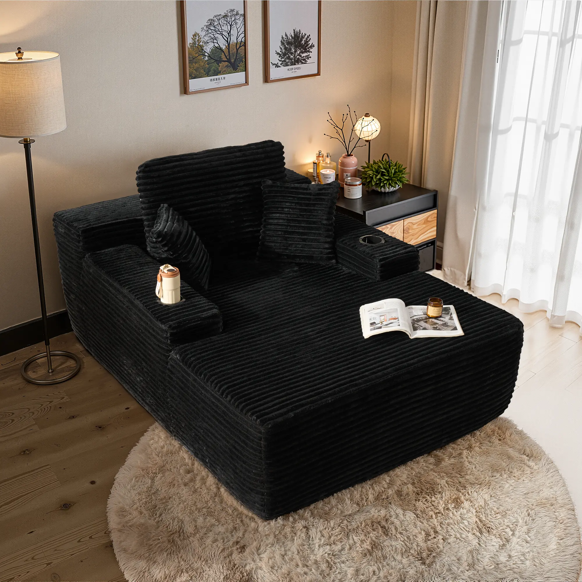 Black Plush Corduroy With Cup Holder