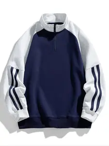 Men's Colorblock Raglan Sleeve Zip Up Sweatshirt, Regular Fit Casual Fashion Striped Trim Stand Collar Sweatshirt for Fall, Men's Top for Daily Wear, Half Zip Pullover