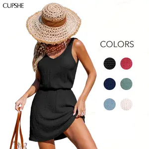 CUPSHE Chasing Horizons V-neckline Elasticized Waist Women Swimsuit Beach Cover-Up Mini Dress Sleeveless Summer Womenswear Classic Beachwear Bathing Suits SpringStatements