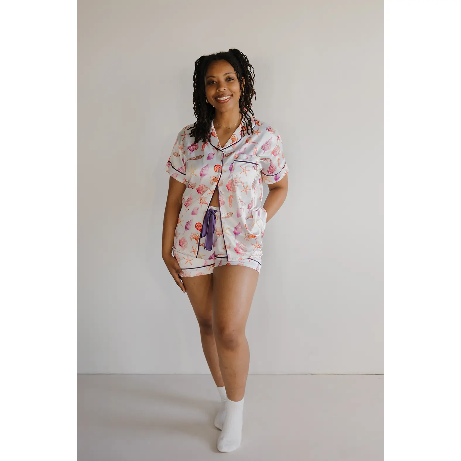 Women's Opalescent Seashell Print Satin 2-Piece Loungewear Nightwear Set - Short Sleeve Button-Up Top, Elastic Tie Pockets Bottoms, Cute Pajamas, Personalization Available, Original, Pajama Shorts, Stretch Fabric, Short Sleeves