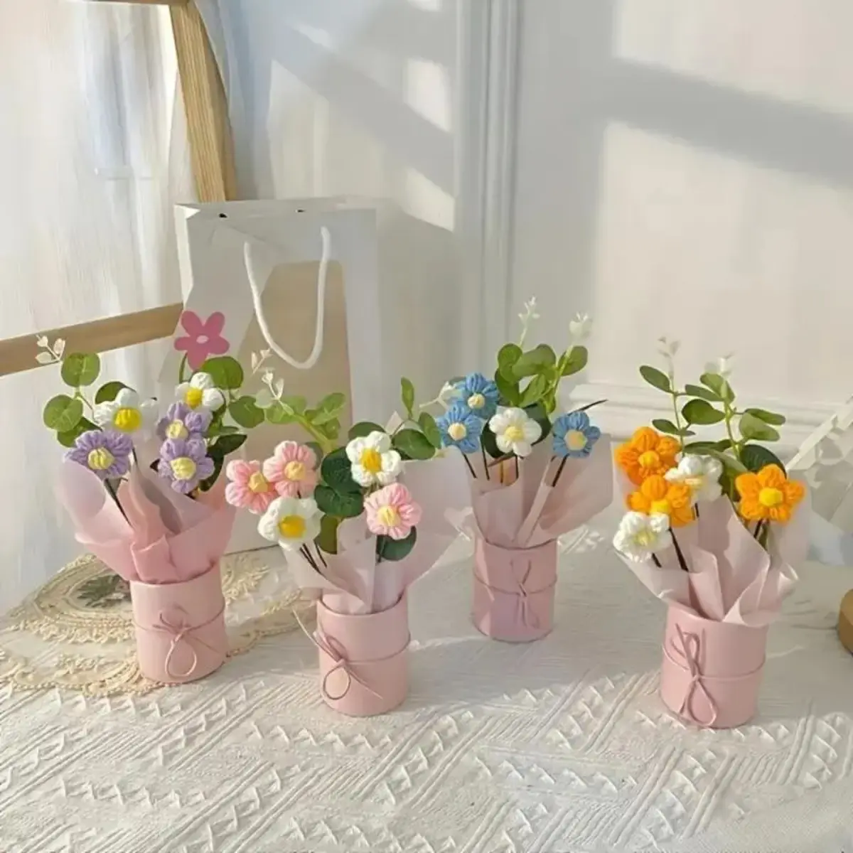 Handmade Crochet Artificial Flower Bouquet with Gift Box - Decorative Bag Charm, Twillies Accessory for Birthday Gifting & Home Decor, Crochet Flowers Bouquet, Artificial Flowers Bouquet, Anniversary Gifts For Her