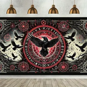 1pc 2D Flat Mystical Raven Ritual Wall Tapestry - Polyester Fabric Backdrop with Occult Symbols, Black Crows & Red Accents - Perfect for Home, Office, Studio, or Party Decor - Unique Holiday Gift, Witchy Dec