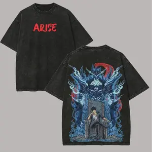 Vintage Distressed Blue Flame Throne Oversized T-Shirt, Retro Washed Black Streetwear Tee, Cool Dark Aesthetic "ARISE" Fantasy Warrior Graphic Top, Unisex Japanese Anime Inspired Streetwear For Fantasy & Gaming Fans