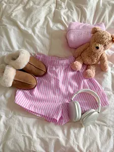 Cozy Girl Aesthetic Pink Stripe Pajama Shorts for Women, Elastic Waist Sleepwear and Loungewear for Bedtime and Relaxing at Home