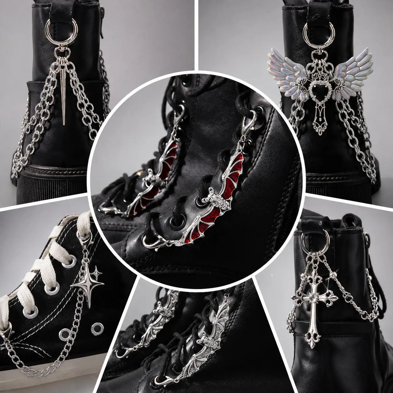 Y2K Punk Grunge Gothic Shoe Chain Charms for Boots & Sneakers - Rhinestone Sparkling Silver Bat Cross Star Multi-Layer Chain Shoes Accessories