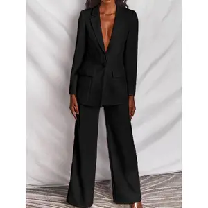 Women’s Office Workwear Blazer Suit Set – Fitted Pink Deep V‑Neck Long‑Sleeve Top + Straight‑Leg Pants, Soft Stretch Minimalist Chic Elegant Basic