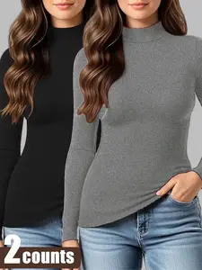 2-Pack Women's Solid Turtleneck High Neck Long Sleeve Thermal Tees - Stretchy Slim Fit Casual Basic Tops, Ultra-Soft Underwear-Grade Warm Fabric, Trendy Fall Winter Womenswear, Perfect for Daily Commute, Cozy Loungewear & Casual Outings, All-Day Comfort