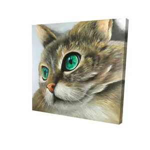360 Stand 8x8 in. Lifelike Detail Hyperrealism Cat Portrait Canvas Painting - Brown Home Decor Decoration, Bedroom Wall Art, Ideal Gift