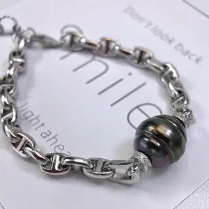 Pure natural sea pearl Tahitian black pearl 11-12mm threaded pig-nose bracelet