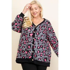 Plus Size Cozy Animal Mir Print With Brush Button Up Cardigan