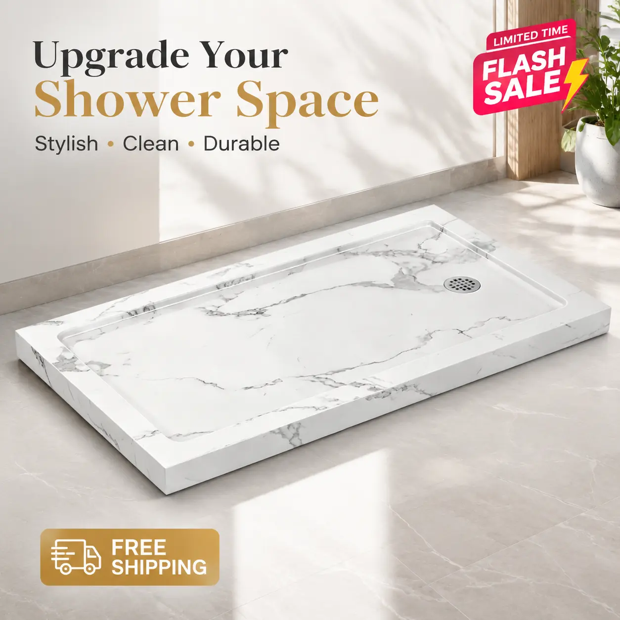 KPUY Anti-Slip Marble-Look Shower Base - ABS Plastic PVC Film + Acrylic Tray, 48"-60" L x 32"-36" W (60x32" Option), Left/Right Drain Included, Easy-to-Clean, Solid Bottom, 1/2/3-Wall Installation Compatible