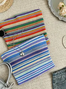 Two-Piece Women's Striped Knit Tube Top Set, Colorful Rainbow Stripe Strapless Bralette, Summer Casual Sleeveless Beach Top, Womenswear