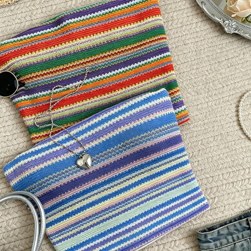Two-Piece Women's Striped Knitted Tube Top Set, Colorful Rainbow Stripe Strapless Bralette, Summer Casual Sleeveless Beach Top, Casual Beach Tank, Womenswear, Casual Flattering Sleeveless