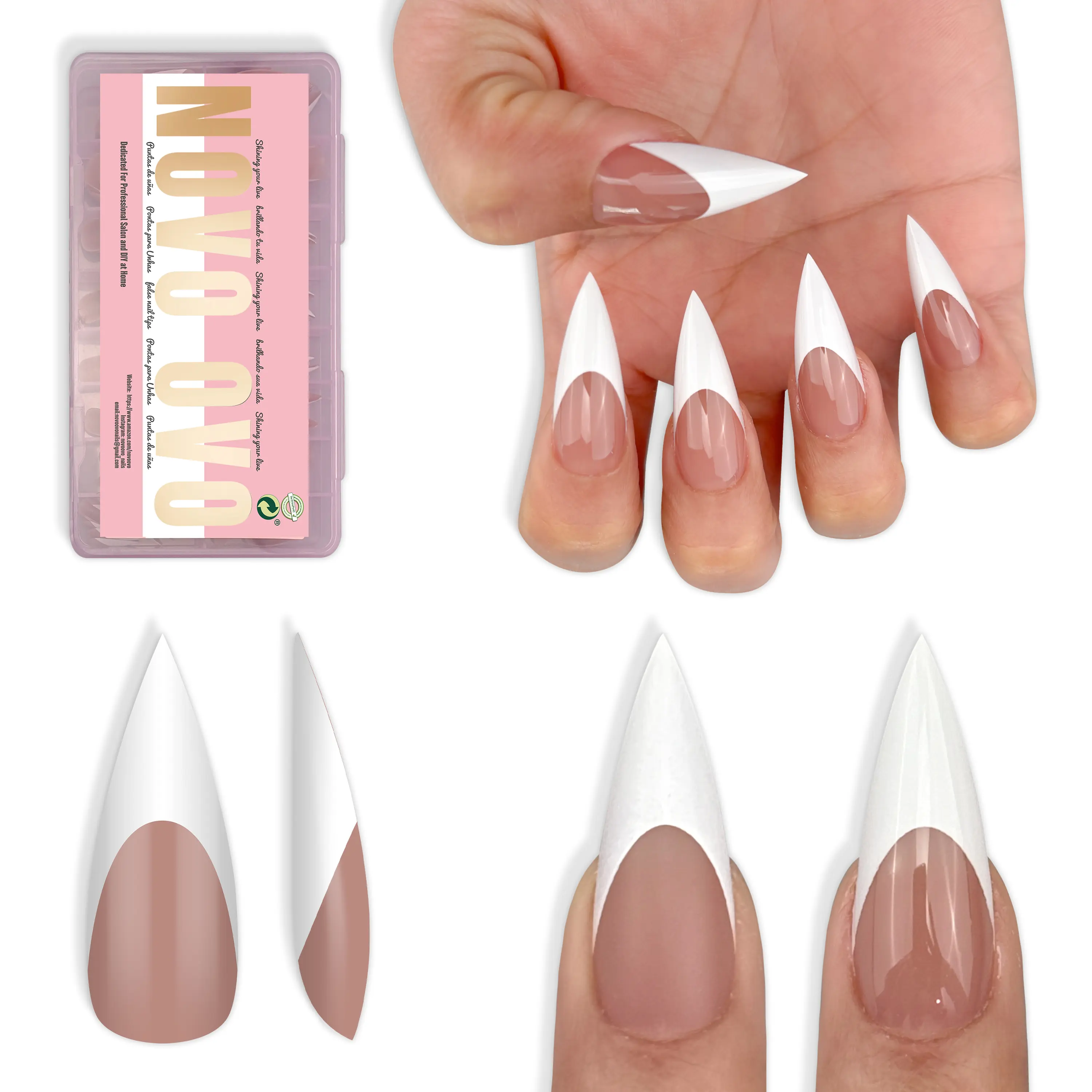 NOVO OVO Stiletto Tips for an Instant French Manicure, 160 Pcs Soak-Off PMMA Press Ons, Brown Pink Nude Gel for Easy Art at Home, 16 Sizes, Art Nail Polygel, Press On Nail