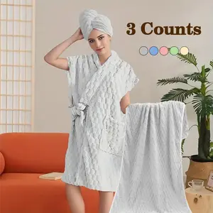 Bathrobe & Hair Towel & Bath Towel Set, 3 Counts/set Soft Absorbent Quick Drying Bathrobe & Towel & Hair Towel, Bathroom Supplies for Home Hotel Salon Waffled Bath Towels