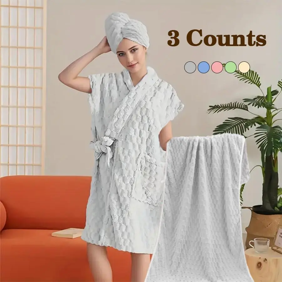 Bathrobe & Hair Towel & Bath Towel Set, 3 Counts/set Towels Set Super Absorbent Towel Soft Absorbent Quick Drying Bathrobe & Towel & Hair Towel, Bathroom Supplies for Home Hotel Salon