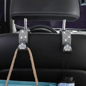 2 Piece Crown Pattern Car Seat Decorative Hook with Sparkling Rhinestones, Universal Car Headrest Organizer for Handbags, Cups and Coats, Car Interior Accessories Girls
