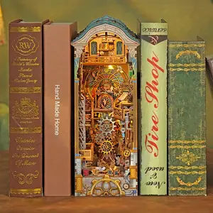 Tonecheer DIY Book Nook Kit for Adults, 3D Wooden Puzzle Bookend Miniature House Bookshelf Insert Decor with Dust Cover, LED Lights, Clock Tower, Craft, DIY Kits, Handicraft, 3-in-1 Advanced Craft Glues for Spring Glow-Up
