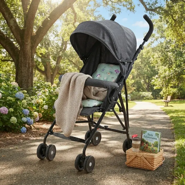Simple and convenient baby stroller – lightweight, with compact folding, multiple tilt positions, sunshade, and storage space.