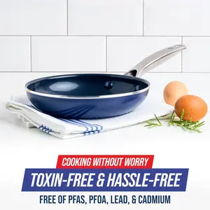 Cookware Diamond Infused Ceramic Nonstick 8" Frying Pan Skillet, PFAS-Free, Dishwasher Safe, Oven Safe, Blue Metal Traditional