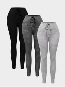 women's solid tie front split hem ribbed leggings, casual comfortable high waist skinny pants for daily wear, ladies clothing for all seasons