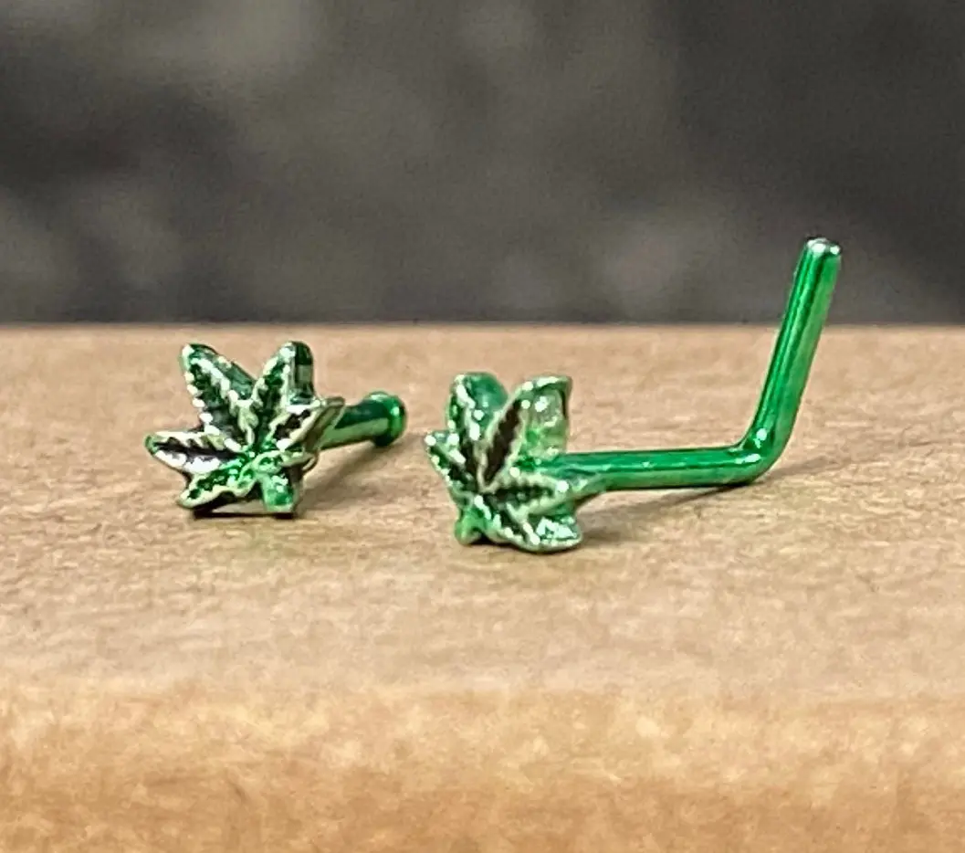 1pc Marijuana Leaf Top 20g L-Bend or Stud Nose Ring Surgical Steel Pot Jewelry