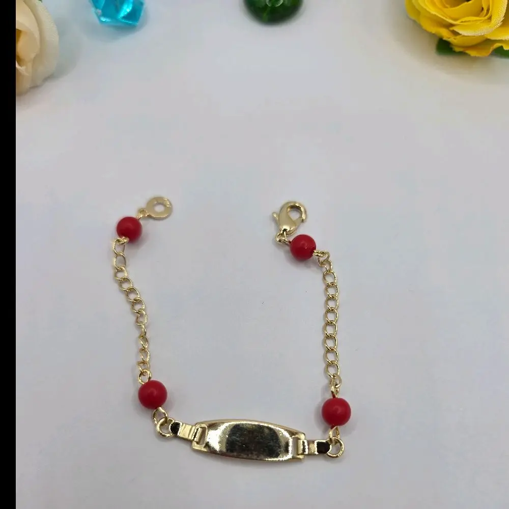 protection ID BRACELET red beads  color gold-plated 6"inches (kids)